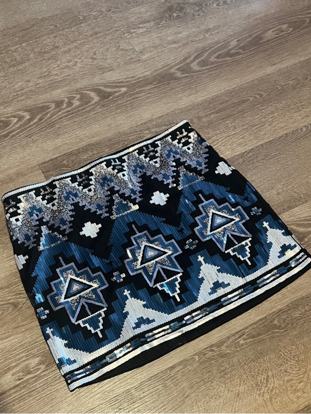 Express Beaded Geometric Mini Skirt in Blue and Black